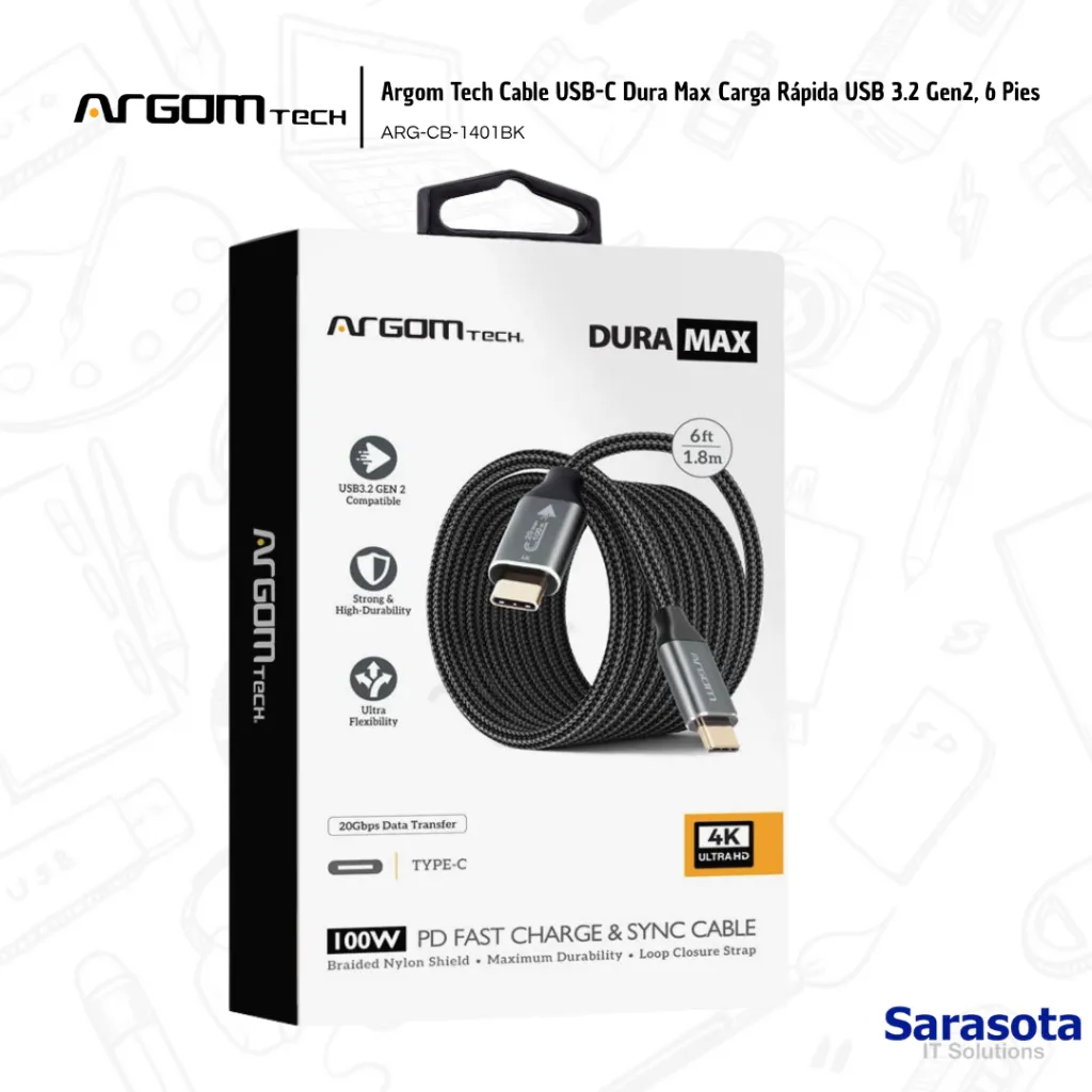 ARG013 Argom Tech Cable USB-C Dura Max Carga Rápida USB 3.2 Gen2, 6 Pies nylon ARG-CB-1401BK 886540009464  (1).webp