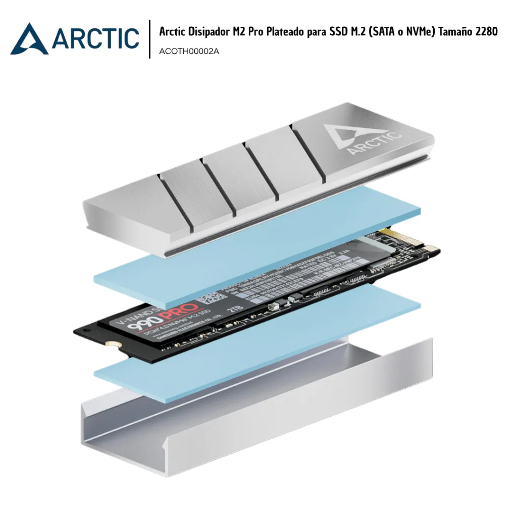 ARC002 Arctic Disipador M2 Pro Plateado para SSD M.2 (SATA o NVMe) Tamaño 2280 ACOTH00001A (3).webp