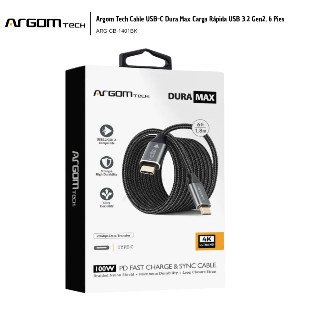 ARG013 Argom Tech Cable USB-C Dura Max Carga Rápida USB 3.2 Gen2, 6 Pies nylon ARG-CB-1401BK 886540009464 (3).webp