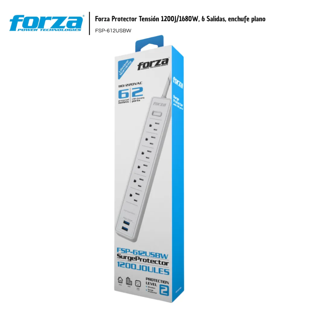 FOR003 Forza Protector Tensión 1200J_1680W, 6 Salidas, enchufe plano FSP-612USBW 798302108882 (2).webp