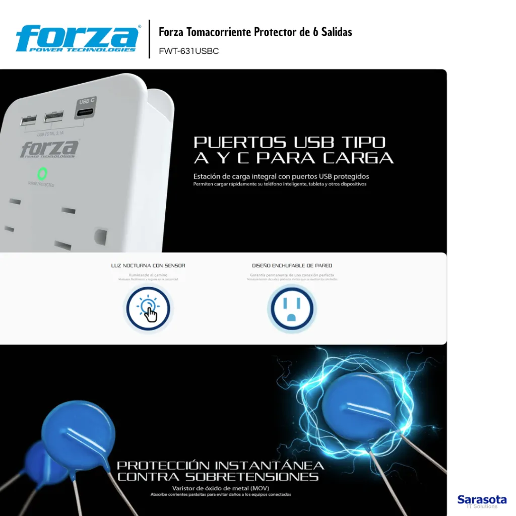 FOR009  Forza Tomacorriente Protector de 6 Salidas FWT-631USBC 798302109315 (3).webp