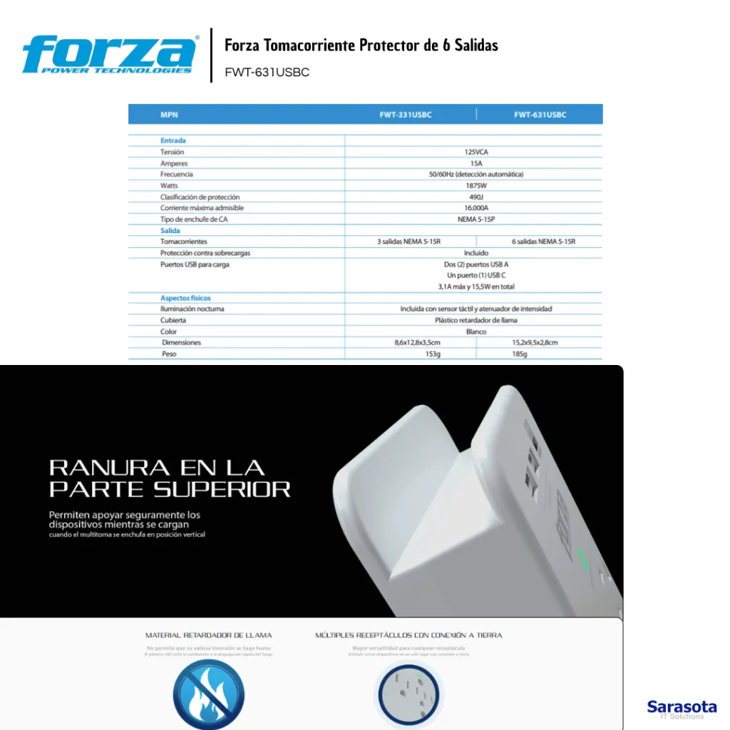 FOR009  Forza Tomacorriente Protector de 6 Salidas FWT-631USBC 798302109315 (4).webp