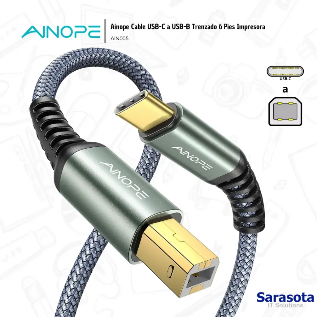 [AIN005] Ainope Cable USB-C a USB-B Trenzado Impresora