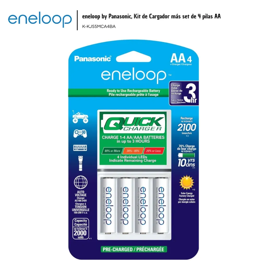 Eneloop Baterías 4 AA con Cargador de 3 Horas + Caja