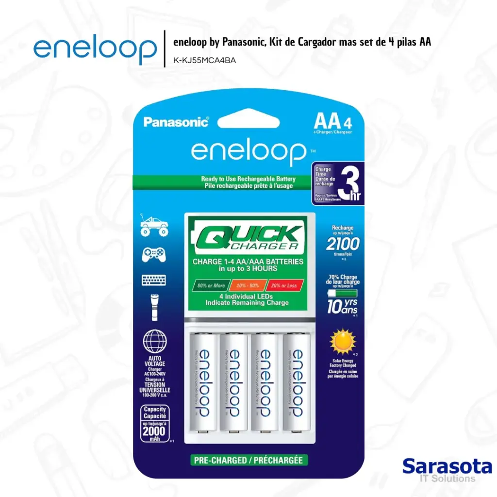 Eneloop Baterías 4 AA con Cargador de 3 Horas + Caja
