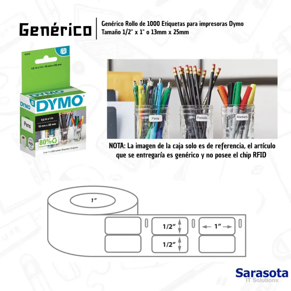 Genérico Rollo de Etiquetas para Dymo Tamaño 1/2" x 1" (1000 Labels)