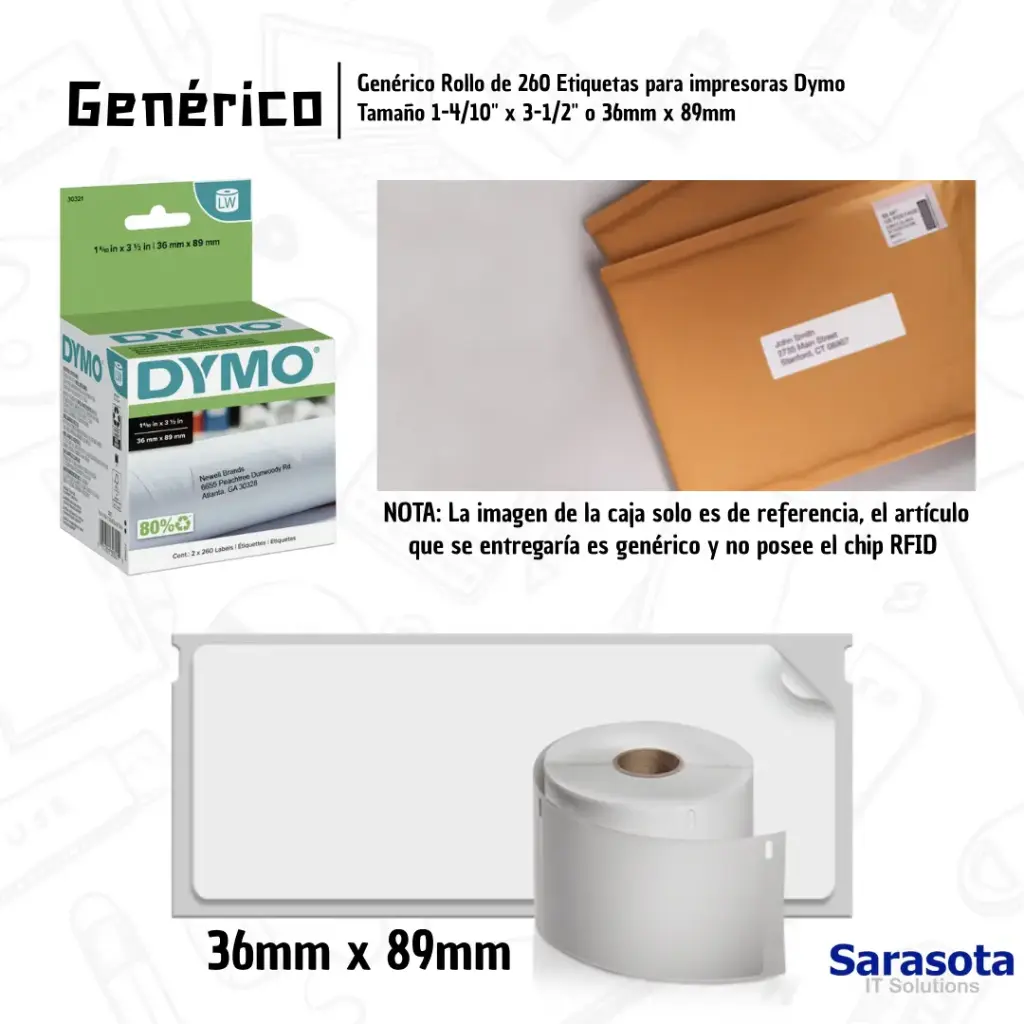 [GEN041] Genérico Rollo de Etiquetas para Dymo Tamaño 1-4/10" x 3-1/2" (260 Labels)