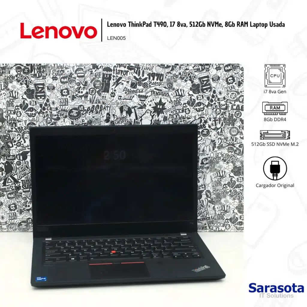 Lenovo Laptop ThinkPad T490, I7 8va, 512Gb NVMe, 8Gb RAM Usada