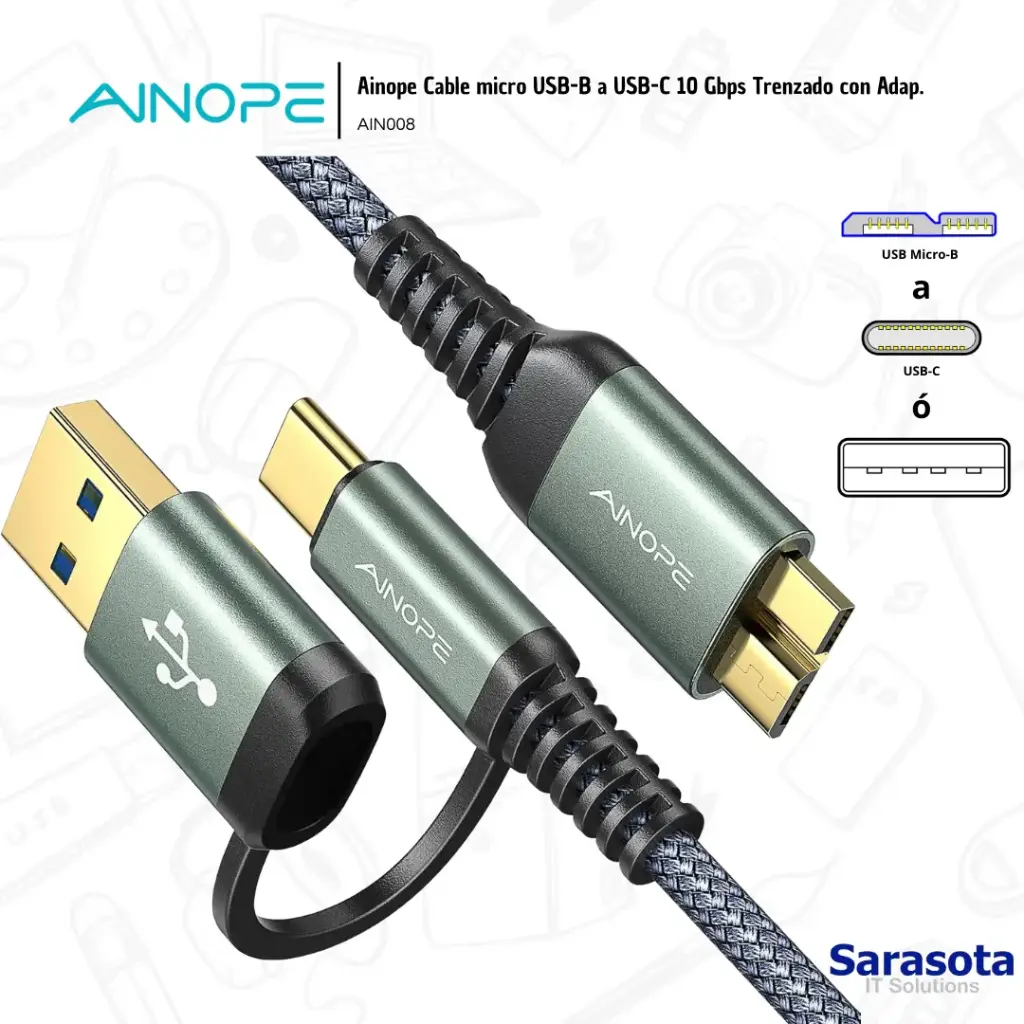 Ainope Cable micro USB-B a USB-C 10 Gbps Trenzado con Adaptador USB