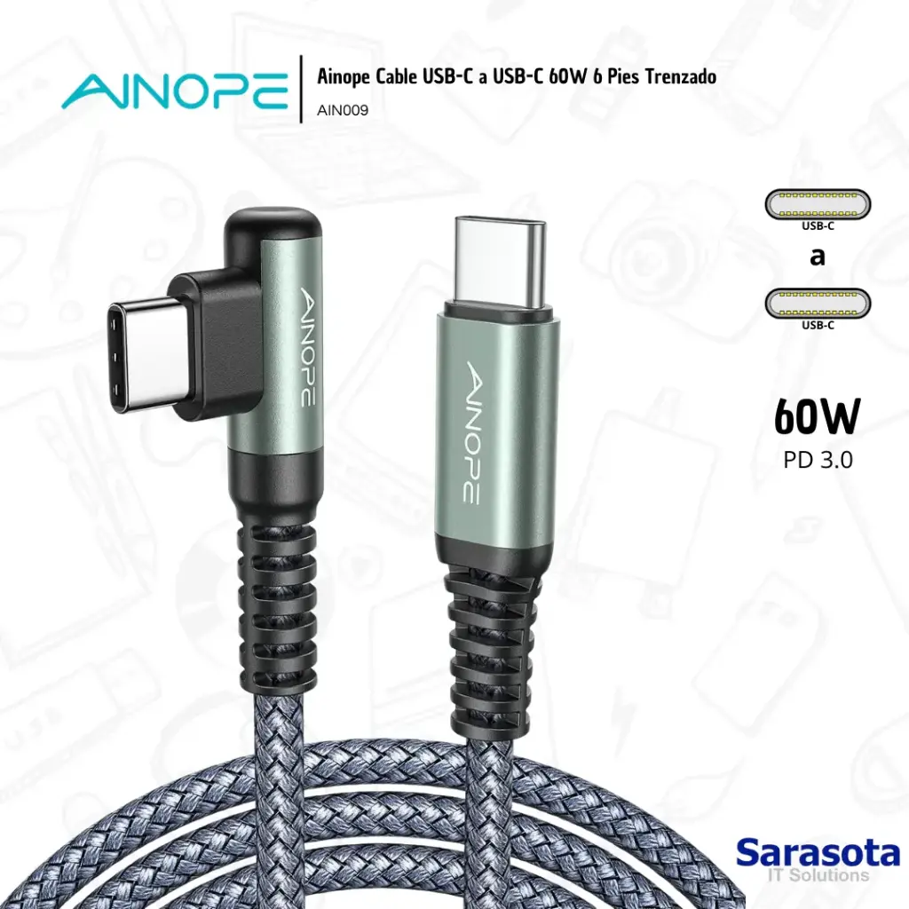 Ainope Cable USB-C a USB-C Trenzado 60W