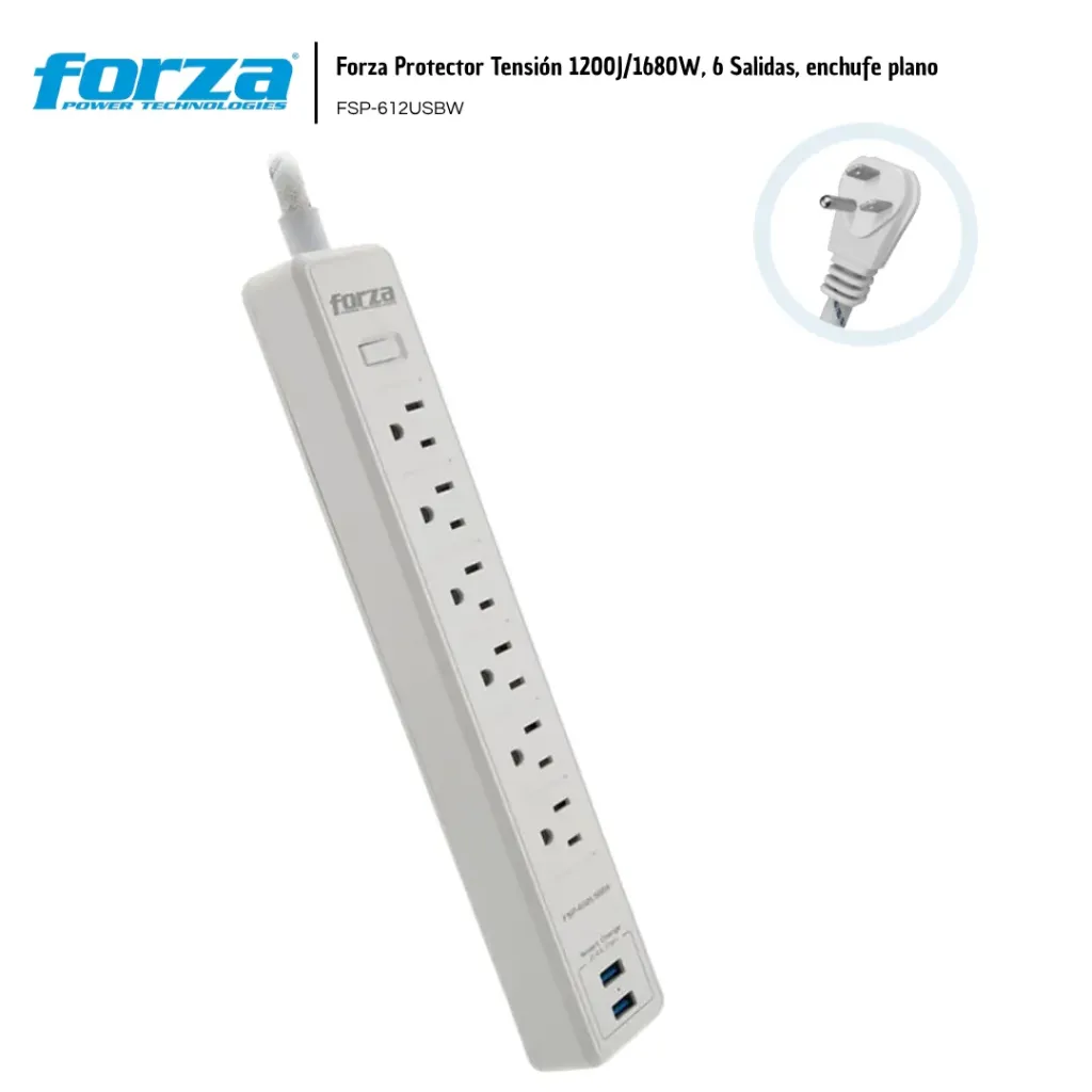 [FOR003] Forza Regleta Protector, 6 Salidas + 2 USB 2.5A FSP-612USBW 