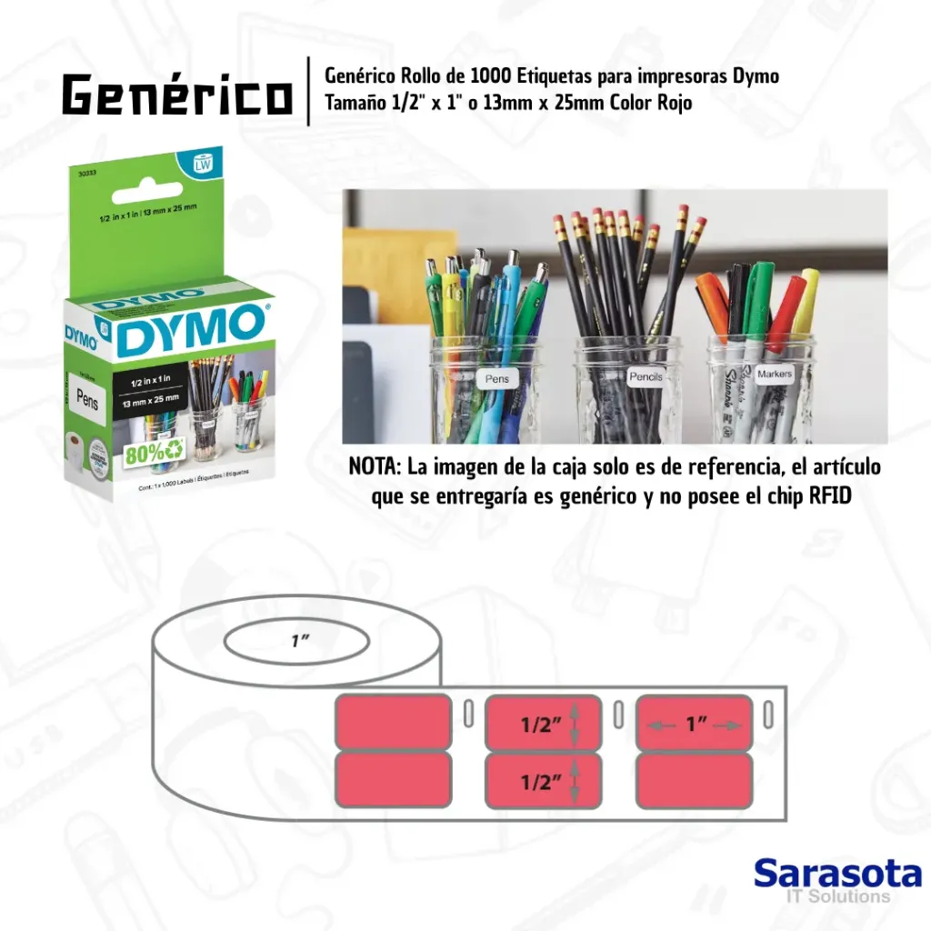 [GEN053] Genérico Rollo de Etiquetas para Dymo Tamaño 1/2" x 1" (1000 Labels Rojo)