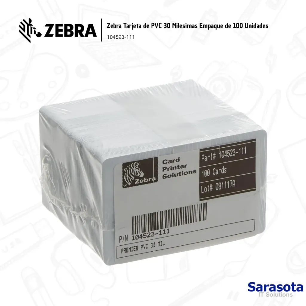 [ZEB013] Zebra Tarjeta PVC 30 Milesimas Empaque de 100 Unidades