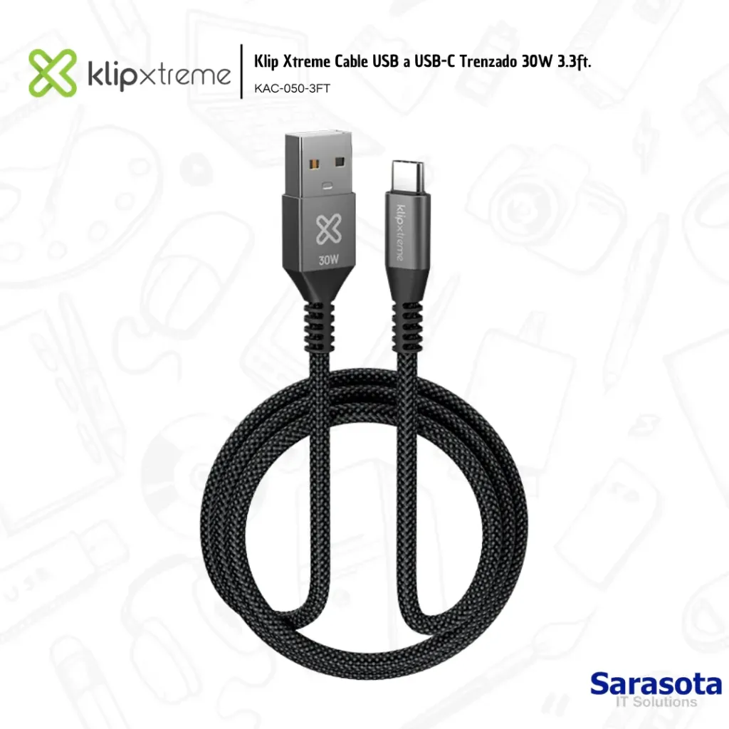 Klip Xtreme Cable USB a USB-C Trenzado 3 pies (KAC-050-3FT)