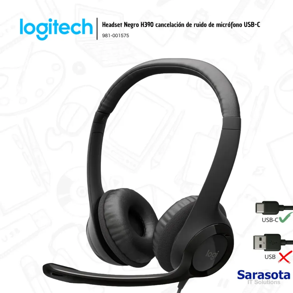 Logitech Audífono H390 con micrófono USB-C Negro (981-001575)