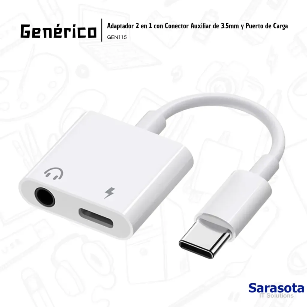 Genérico Adaptador 2 en 1 con Conector Auxiliar de 3.5mm y Puerto de Carga