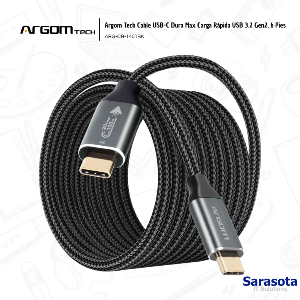 Argom Tech Cable USB-C Dura Max Carga Rápida USB 3.2 Gen2 Nylon, 6 Pies (ARG-CB-1401BK)