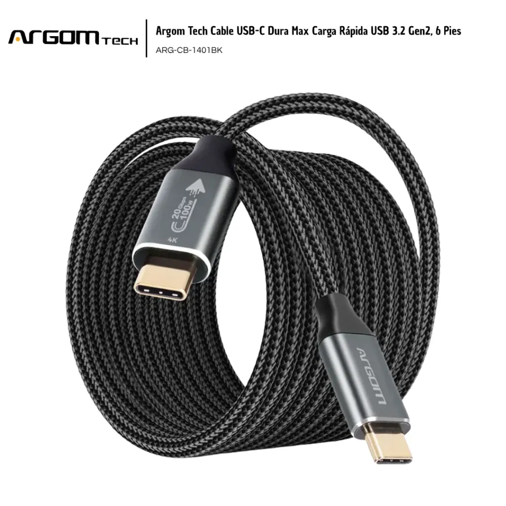 [ARG013] Argom Tech Cable USB-C Dura Max Carga Rápida USB 3.2 Gen2 Nylon, 6 Pies (ARG-CB-1401BK)