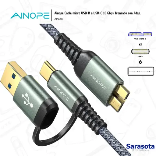 [AIN008] Ainope Cable micro USB-B a USB-C 10 Gbps Trenzado con Adaptador USB